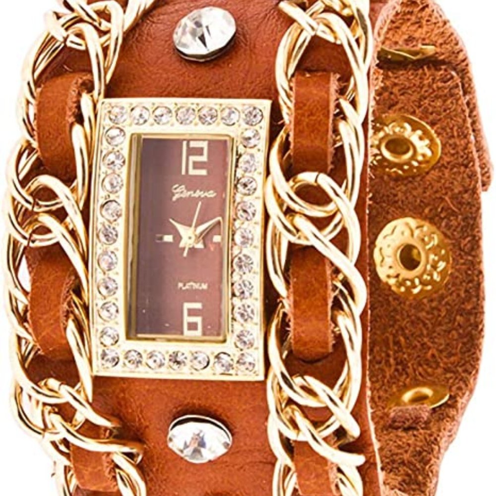 Geneva Platinum 9561 Women's Rhinestone-accented Studded Chain Snap Watch TAUPE
